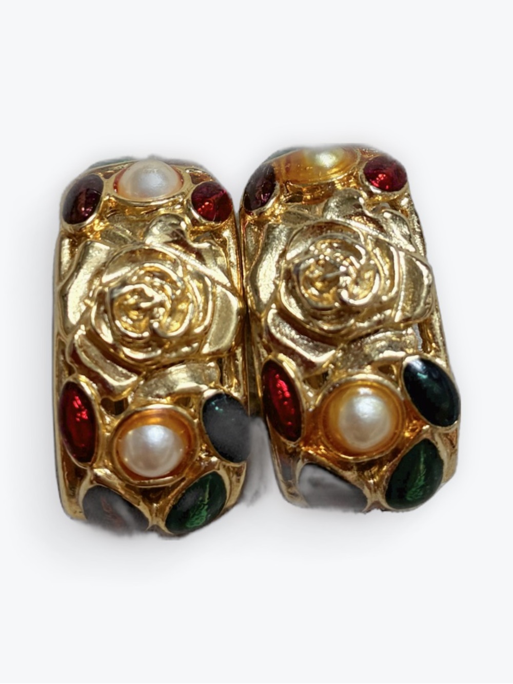 Vintage 80s Gold-Toned Clip on Hoop Earrings Jewel-Toned Cabochon Stones Pearls